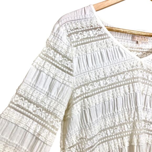 By Timo Romantic White Lace V-Neck Long Sleeve Blouse Size Medium - Picture 3 of 6